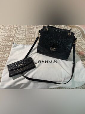 Brahmin Black Croc-Embossed Leather Shoulder Bag with Matching Wallet